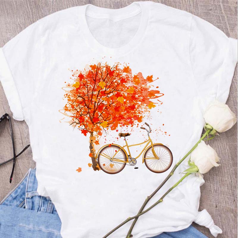 Woman Funny Bicycle Floral Print T Shirt Harajuku Women Tshirts Casual O-Neck Short Sleeves Tops Tees Shirt,Drop Shipping