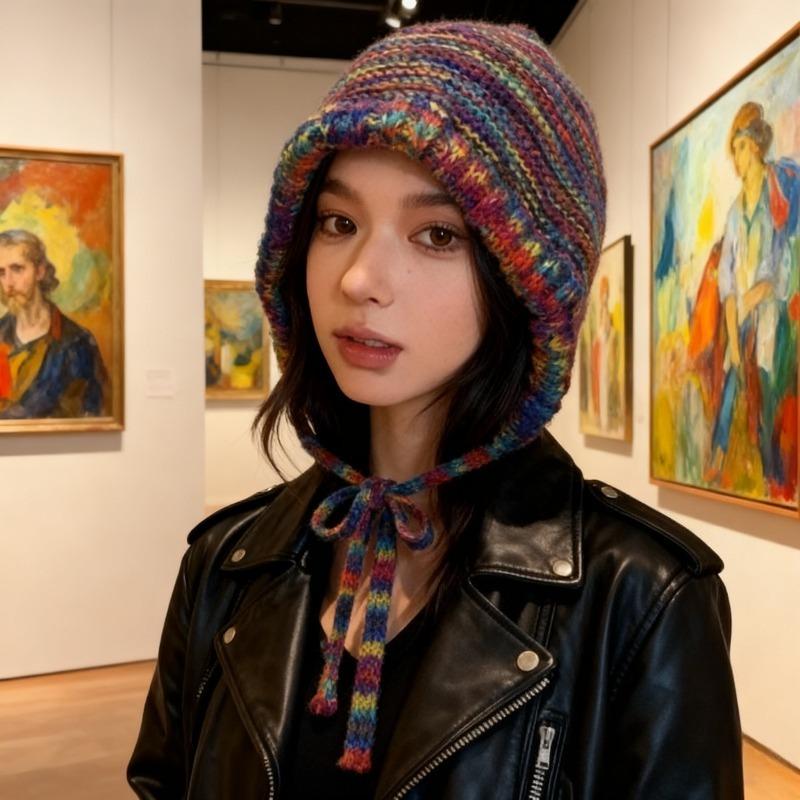 Winter Ear Protection Hat Rainbow Stripe Knitted Headgear Korean Women Fisherman Cap Girls Ski Riding Bonnet