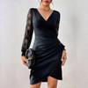 Women Sexy Slim Fit Lace Mesh Long Sleeve V Neck Bodycon Midi Dress