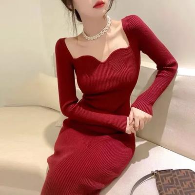 Sexy Slim Christmas Sweater Dress Female Autumn And Winter Temperament Slim Fit Knitted Dress Women Knee-length Knitted Dresses 30365