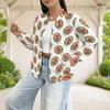 Women Plus Size White Rose Printed Baseball Collar Long Sleeve Jacket With Pockets