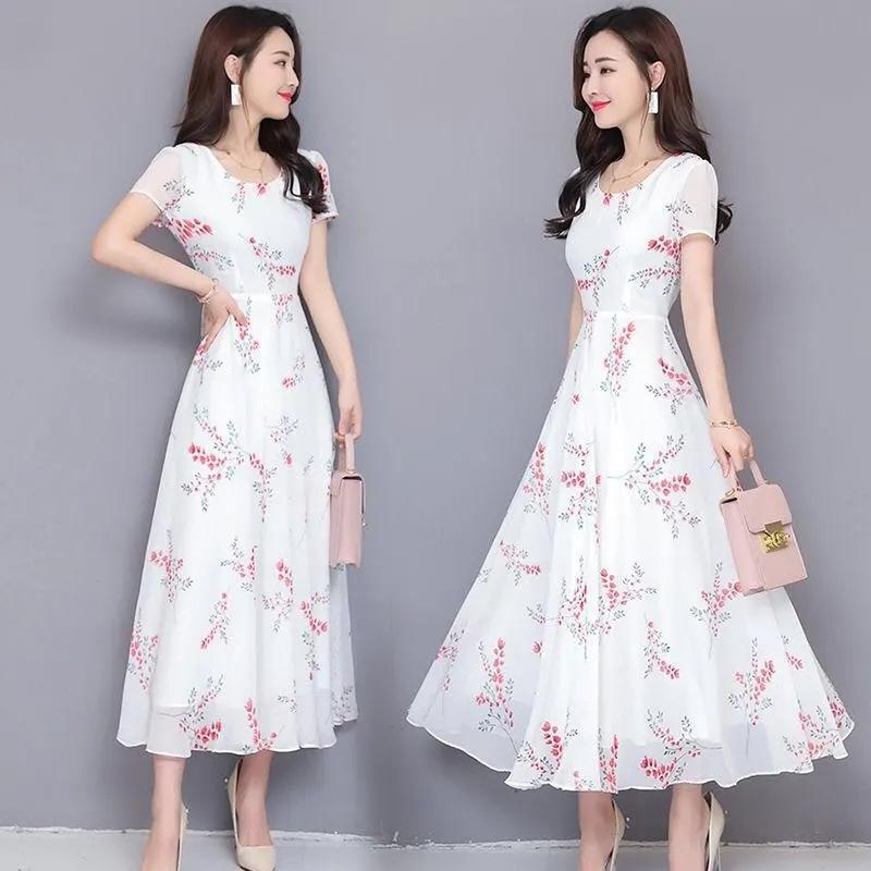 Fashion dress women's summer new floral short-sleeved medium and long skirt temperament thin and big pendulum long dress women