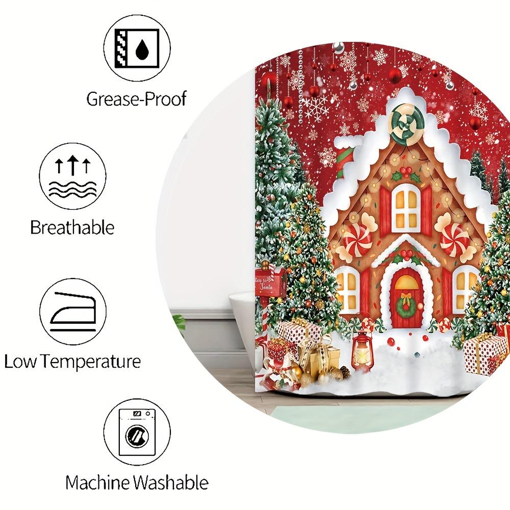 4Pcs Xmas Cottage Bath Set,Printed Shower Curtain,Non-Slip Mat, Toilet Cover,Bath Rug,12 Hooks, Bathroom Accessories, Home Decor