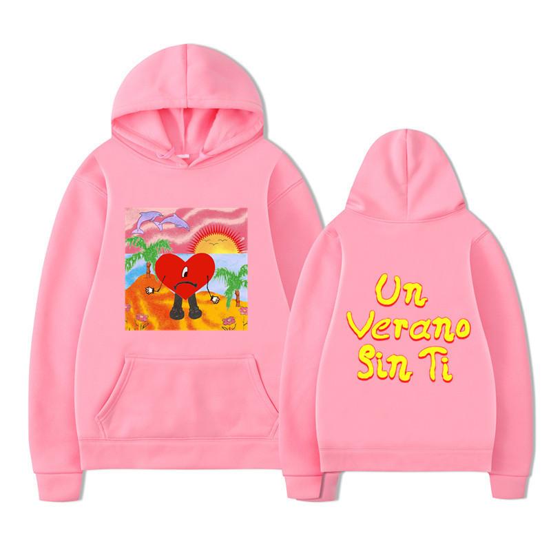 Unisex Black Hoodie Heart Character Tropical Sunset Double Sided Graphic Pullover Sweatshirt Streetwear
