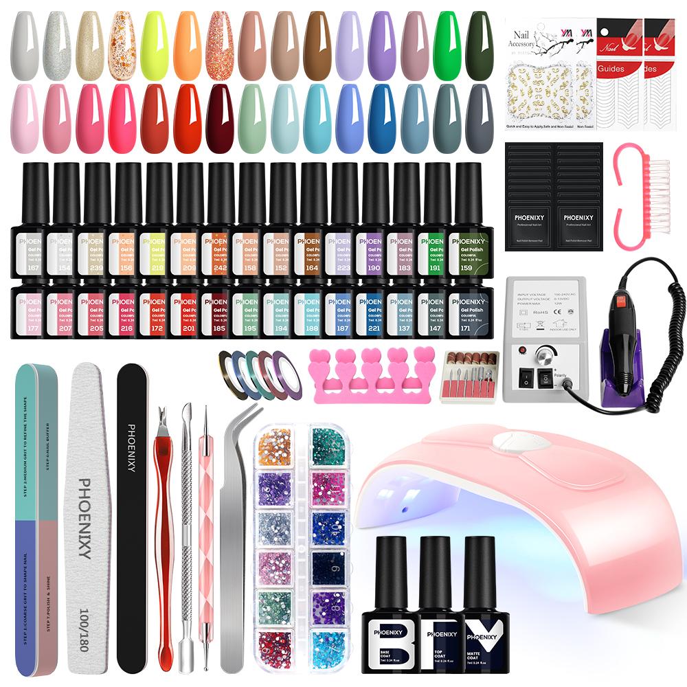 PHOENIXY 30 stk Gel Neglelakksett med U V Lys 54W LED Neglelampe Neglebor Maskin Manikyrverktøy Alt-i-ett Neglegelsett