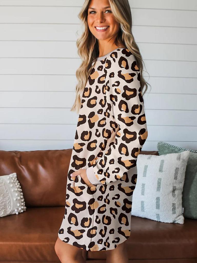 2025 Winter European & American Leopard Print Loose Casual Long Sleeve Dress with Pockets