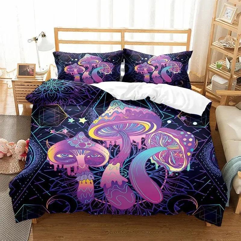 Colorful Mushroom Duvet Cover Microfiber Mandala Pattern Bedding Set for Kid Teen Boys Girls,Bohemian Magic Mushroom Quilt Cover