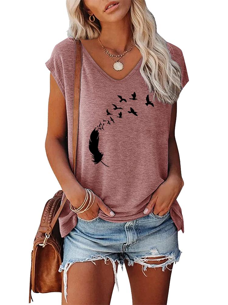 

Женская футболка с принтом, летняя модная футболка с V-образным вырезом и коротким рукавом, повседневная футболка для женщин XXL розовый