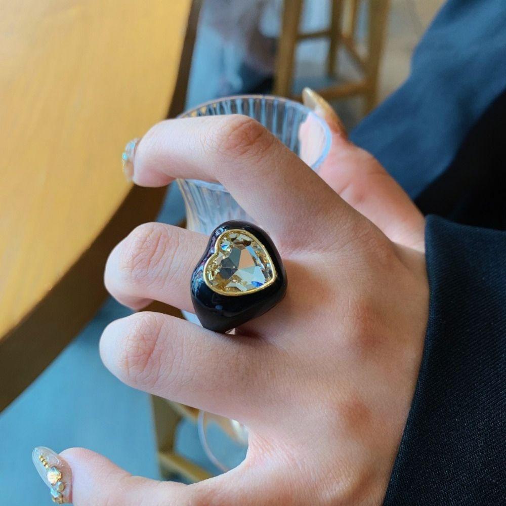 Stainless Steel Gemstone Heart Enamel Ring Geometric Solid Color Ring  Gift