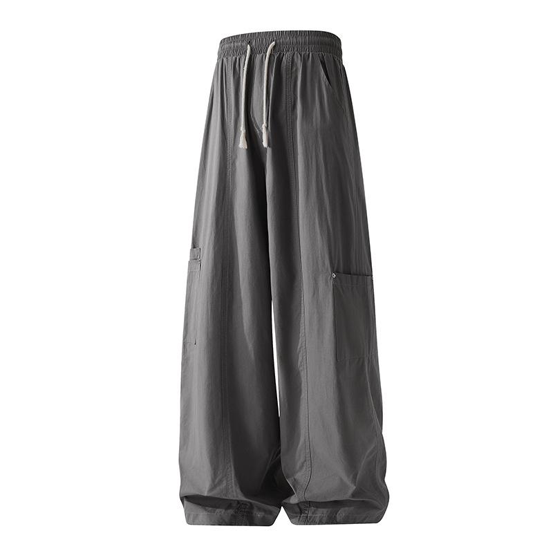 Women s Light Blue Wide Leg Cargo Pants Elastic Waist Drawstring Casual Trousers with Side Pocket M серый