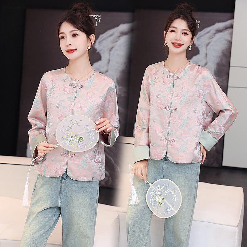 

Женская куртка премиум-класса на весну/лето 2025 года в новом китайском стиле, с ретро-принтом и деталями в виде пуговиц-лягушек M for 90-110 jin