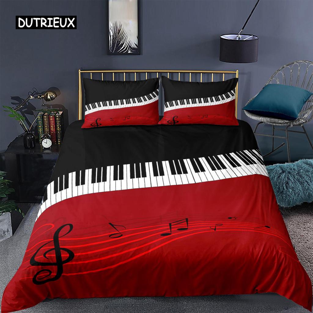 Piano Duvet Cover Set Black Piano Keyboard Music Note Kids Bedding Set Music Theme King Size 2/3pcs Soft Twin Comforter Cover