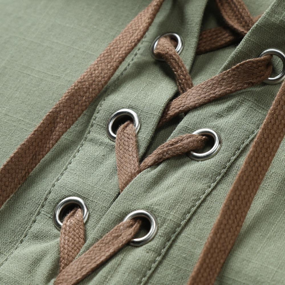 Summer Men's Cotton Linen 100% Shirt Solid Color Lace-up Turn-down Collar Shirt  Linen Shirt Top