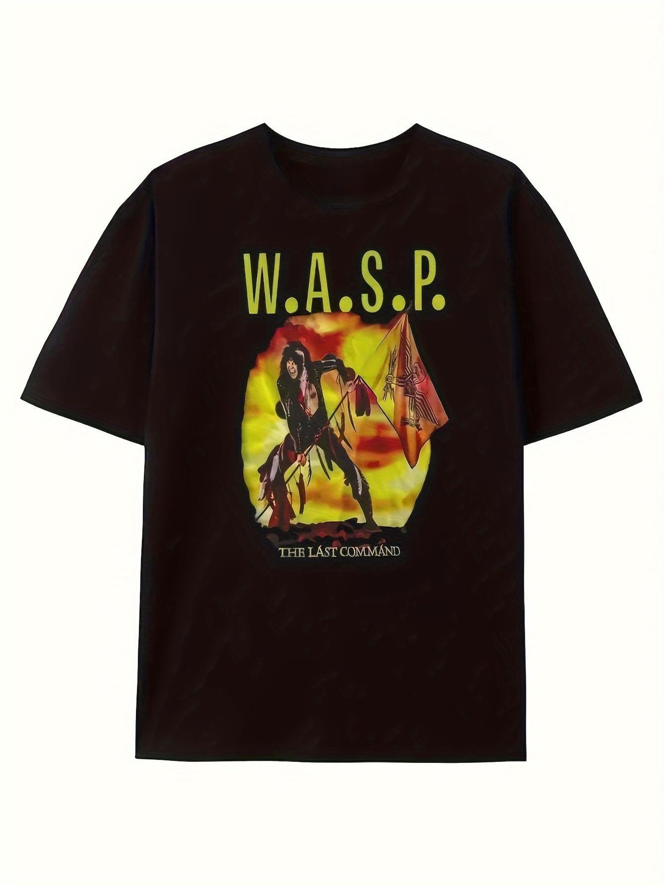 

Men S Rock Band Graphic T-Shirt Black Short Sleeve Tee with WASP Print XXL