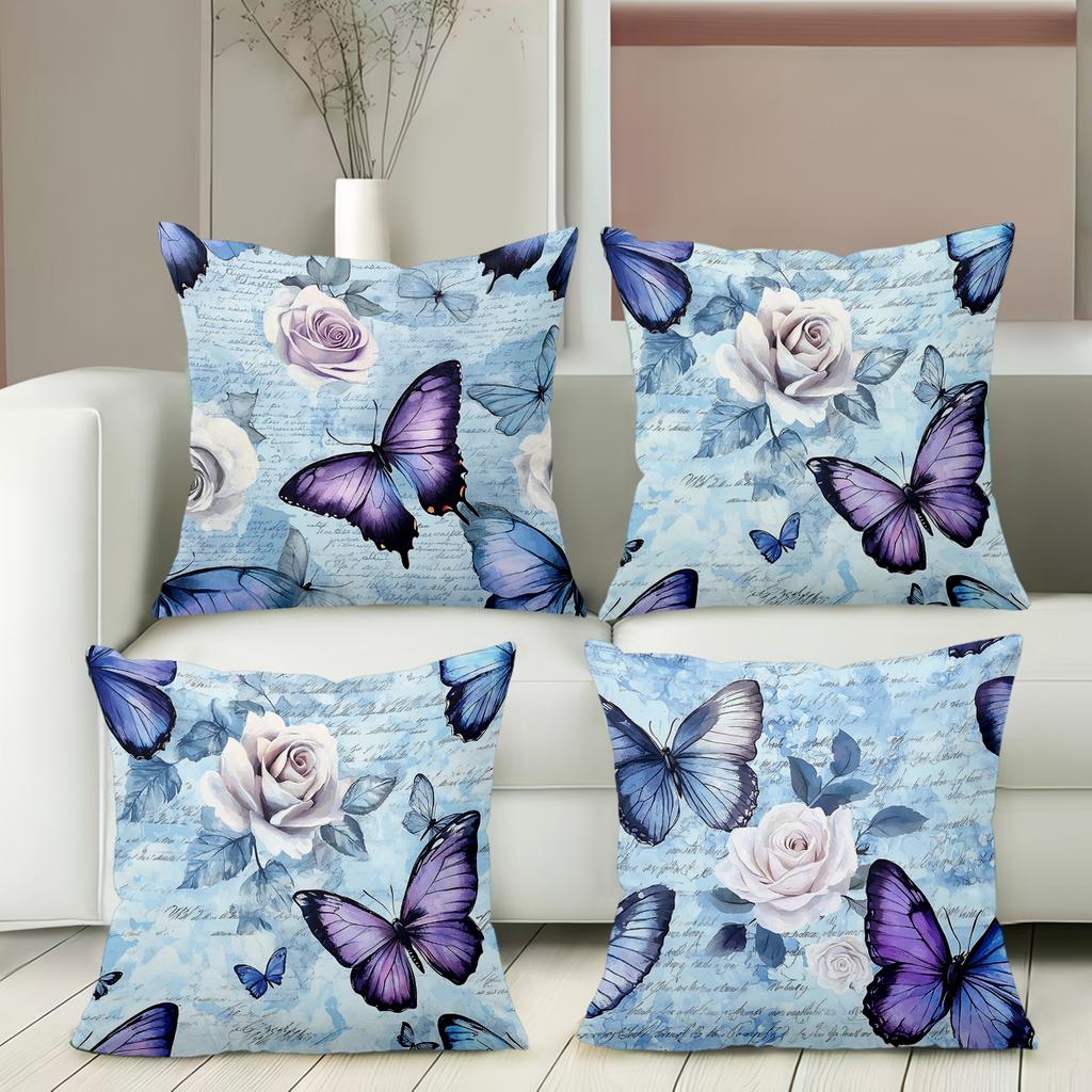 2D Flat Printing Blue Butterfly and Rose Pattern Decorative Cushions Polyester Pillowcase, Sofa Decorative Cushion Cov