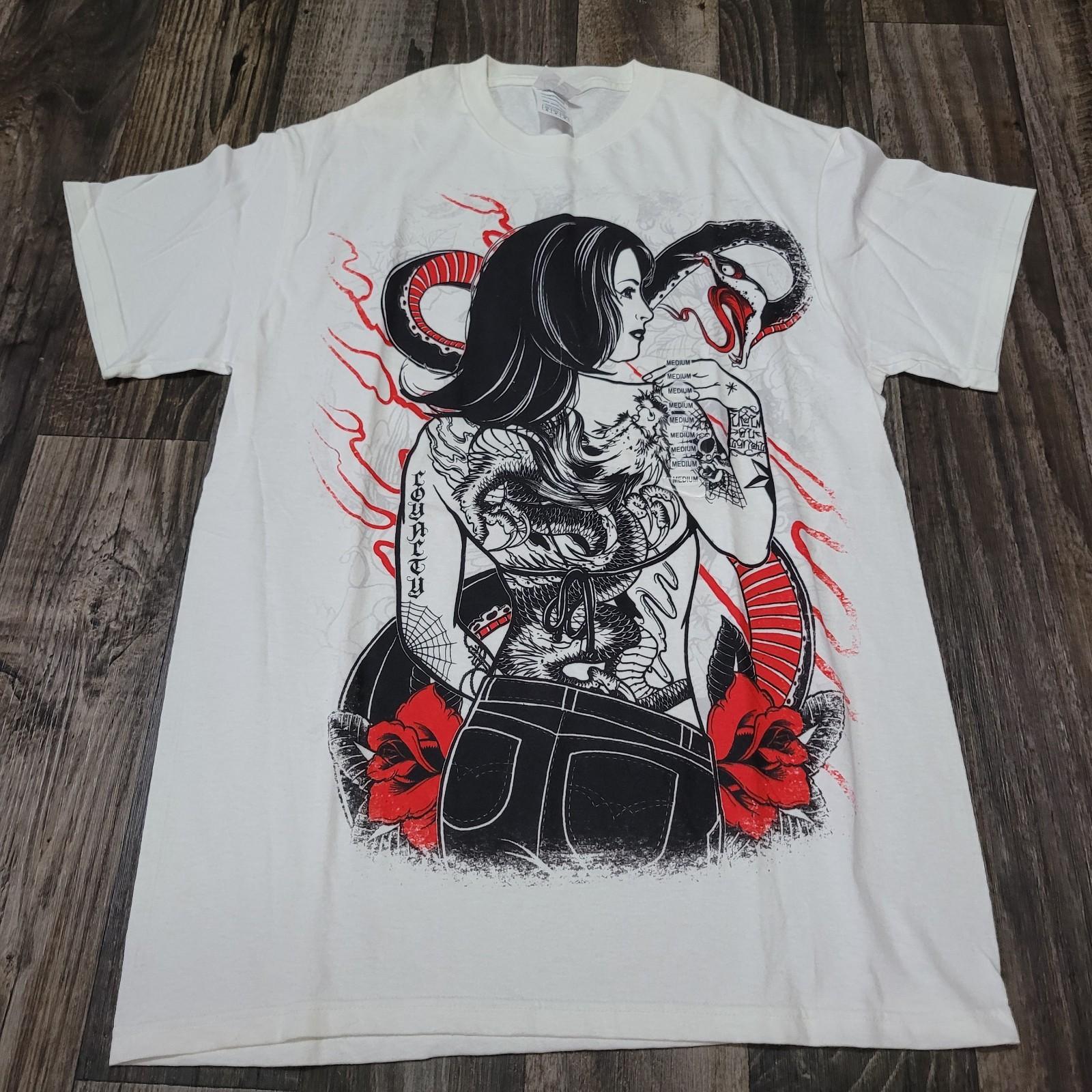 Y2K Tattoo Pinup Girl Snake White Shirt Nwt Black/Red Unisex T-Shirt XL