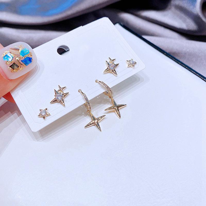 ANENJERY Zircon Shining Star Cross Hoop Earrings For Women Simple Temperament Ear studs 6-piece Earring Set
