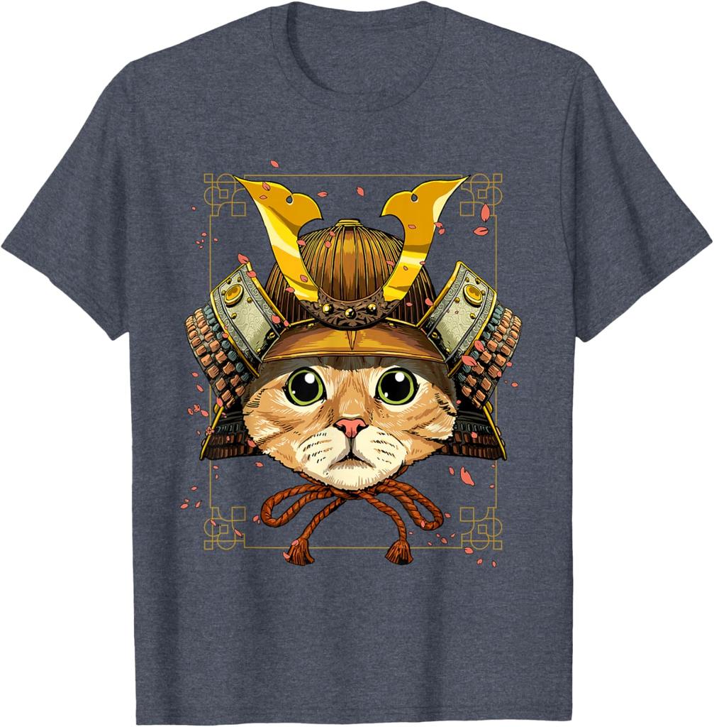 Samurai Cat Warrior Japanese Ronin Graphic Tee Breathable Casual Cotton T-Shirt for Men