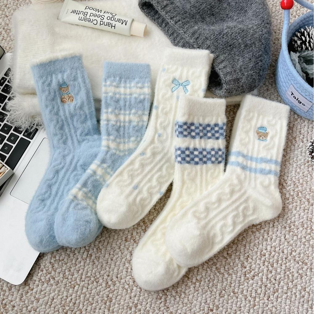 Super Winter Bear Warmth Thickened Bow Australian Velvet Cartoon Winter Sleep Socks Mid-Tube Embroidered Blue