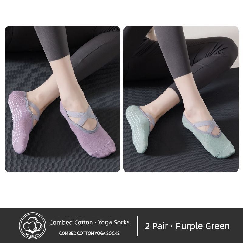

Professional Yoga Boat Socks Women Non-Slip Pilates Beginner Indoor Special Spring and Autumn Floor Sports Fitness Dance Pantyhose 2 pairs [light purple + Green]]