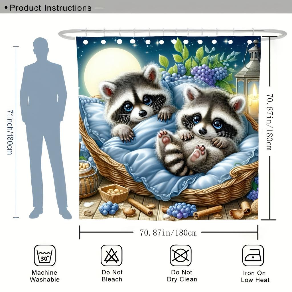 Süßer Waschbär Digitaldruck Duschvorhang - Wendbares Polyester, Maschinenwaschbar, Gestrickte Textur, Ganzjahres Badezimmerdekor
