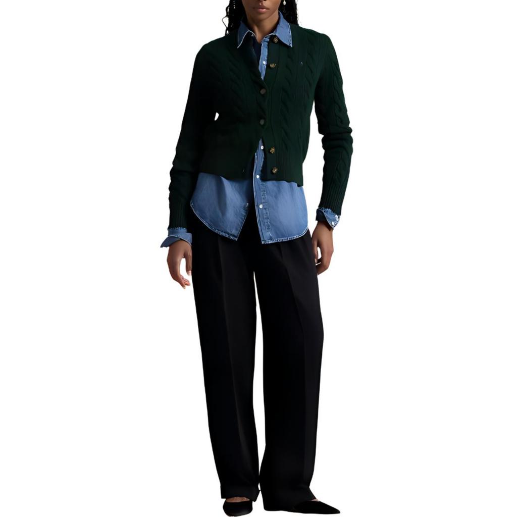 Polo Ralph Lauren FW24 Embroidered Logo Pattern Wool Cashmere Blend Cable Knit Ribbed Crew Neck Button Front Long Sleeve Sweater WMPOSWENDW20302-300