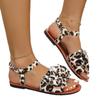 Fashion Large Bowknot Decor Suede Leopard Print Sandals Summer New Flat Heel Casual Rome Shoes Fashion Soft Sole Non-slip Beach Sandals