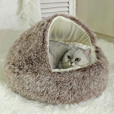 Round Hooded Plush Pet Bed Semi-Enclosed Indoor Small Cat Dog Cave Bed Winter Warm Kitten Puppy Sleeping Nest Pet Supplies