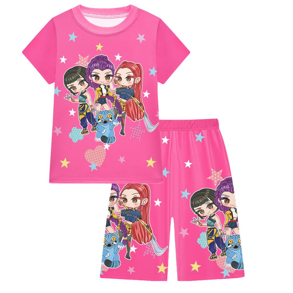 KPOP Mädchen T-Shirt und Hosen Set, Demon Slayer Cartoon, Zweiteiliges Kurzarm- und Shorts-Set für große Kinder
