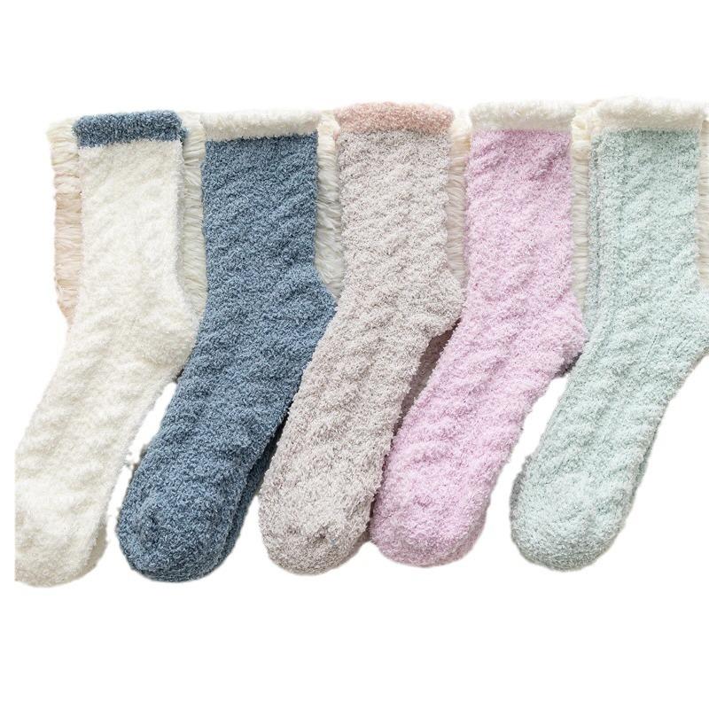 Thickened and Warm Coral Fleece Knitted Socks for Women, Mid-calf Postpartum Socks for Autumn and Winter
