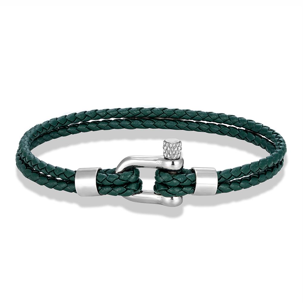 MKENDN Black Stainless Steel Shackle Bracelet Double Layer Blue Leather Handmade Nautical Jewelry for Men Women