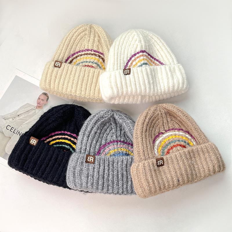 Warm and Ear protecting Woolen Hat New Creative Rainbow Pullover Hat Large Head Circumference Face Showing Small Knitted Hat