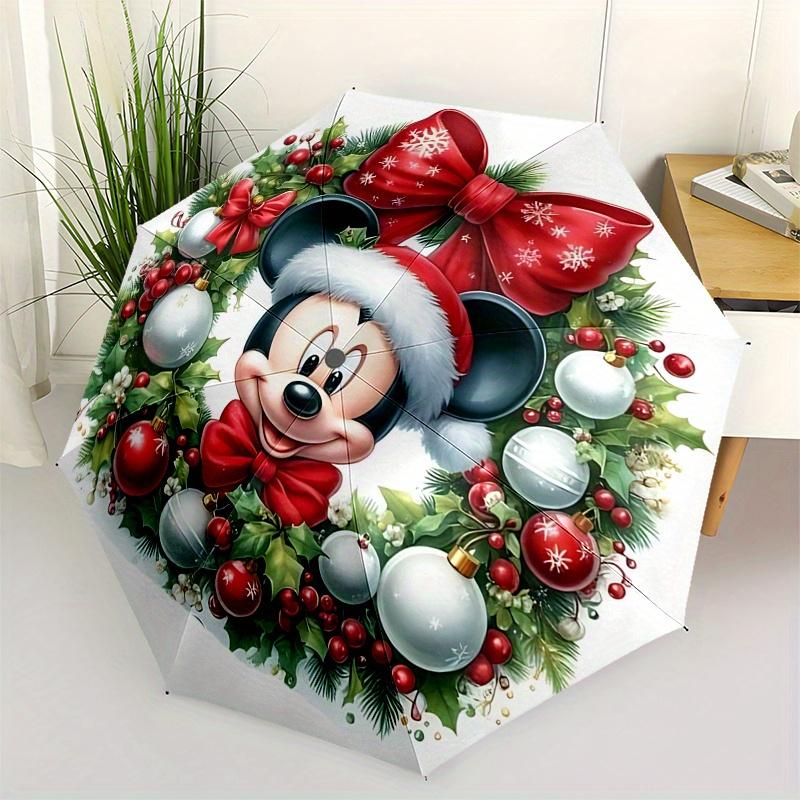 Mickey Mouse Christmas Wreath Automatic Opening and Closing Umbrella - 8 Ribs Portable Folding Umbrella with Plastic Handle, Suitable for Le