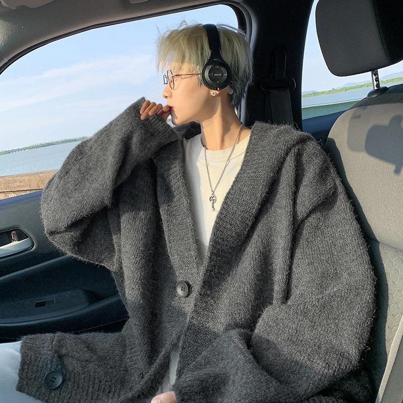 Dark Gray Cardigan Men's Autumn Winter New Lazy Style Loose Casual Simple Sweater Jacket