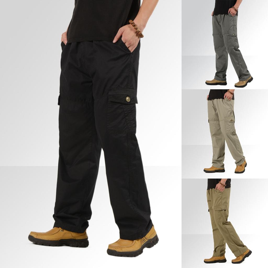 Herremote Cargobukser Casual Løse Plus Size Elastisk Midje Lomme Søm Bukser Mann Rett Ben Baggy Utendørs Bukse