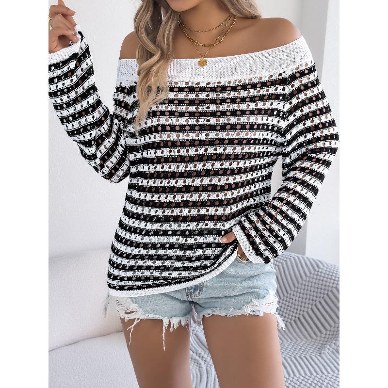 Spring and Summer Striped Openwork Comfortable Loose Knit Shirt for Women with Beach-style V-Neck Top