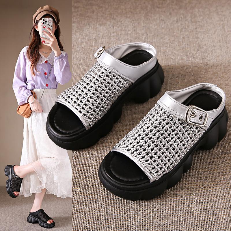 Thick-bottomed muffin Birkencool slippers for women's summer wear 2025 new high-end skirt hollow-woven one-word slippers