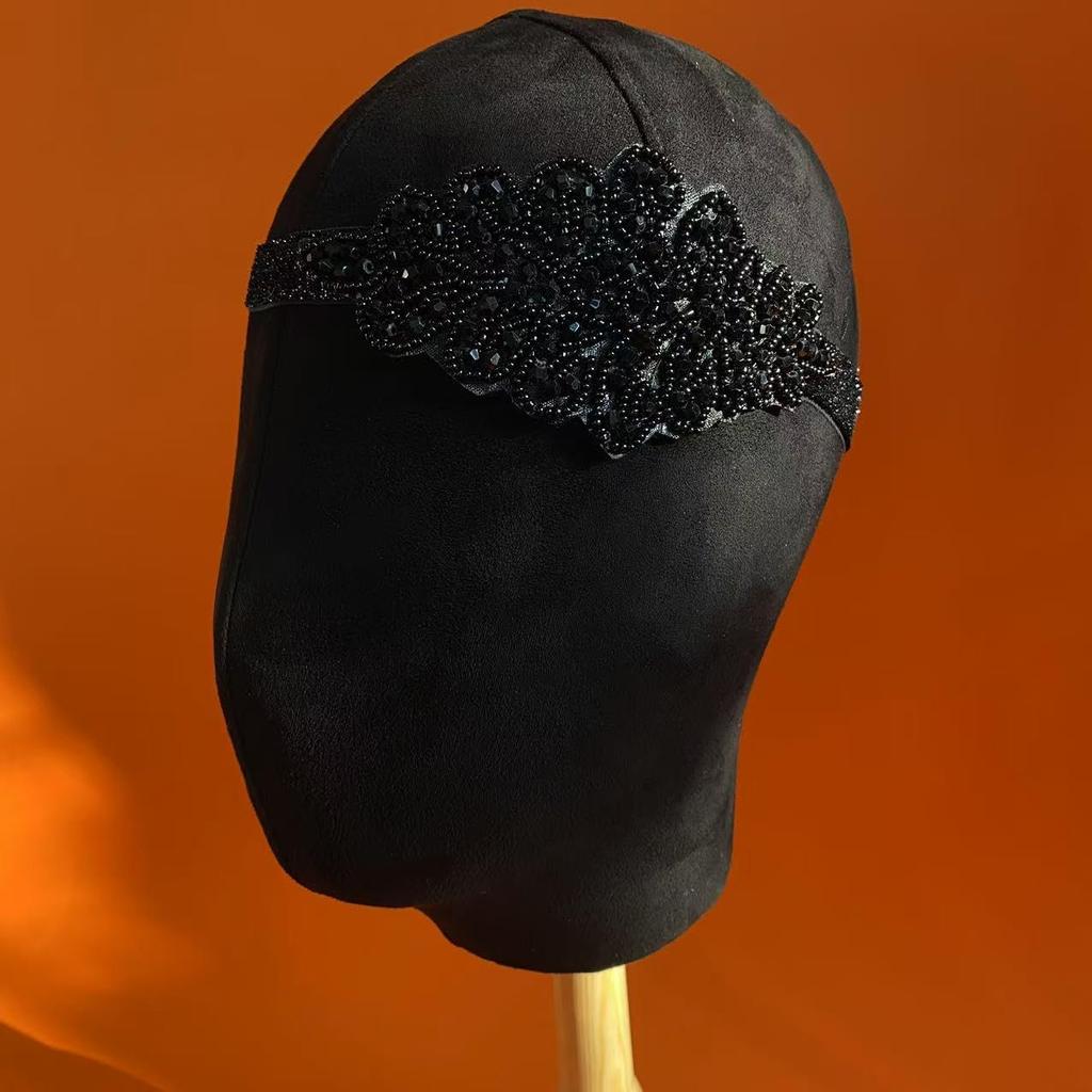 Vintage 1920s Flapper Headpiece Roaring 20s Headband for Women Hair Accessory (Black Beads, one size)