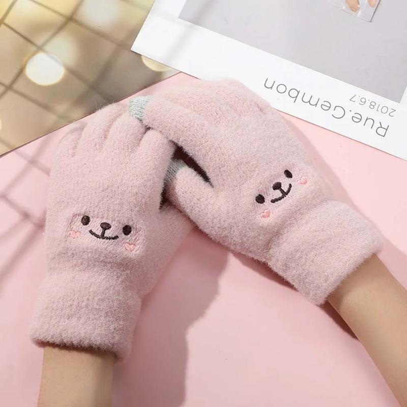 Kawaii Gloves Female Cute Cartoon Embroidered Bear Touchscreen Gloves Autumn Winter Warm Women Shopping Knit Gloves Soft Gloves