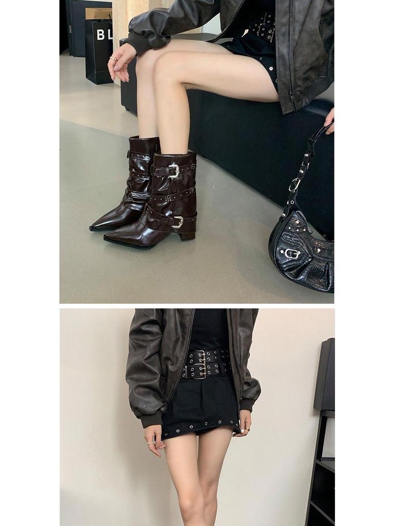 European & American Style Rhinestone Buckle Over-the-Knee High Heel Boots 2025 - Women's Autumn Pointed Toe Chunky Heel Ankle Boots.