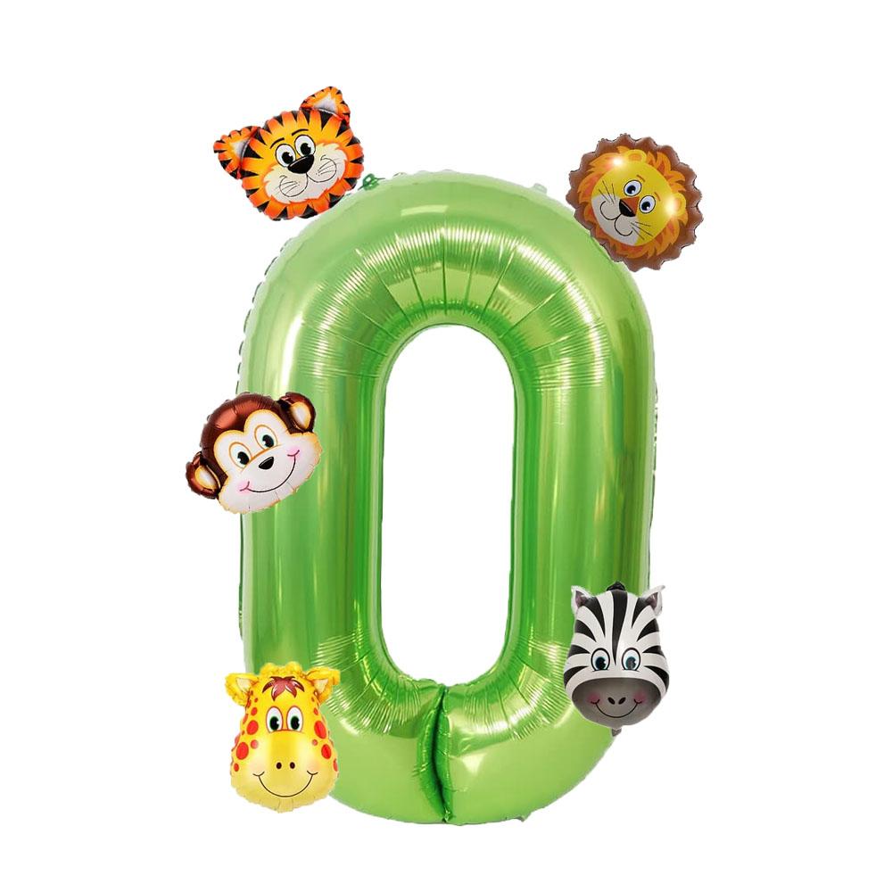 

7pcs 32 Inch Green Number with Mini Jungle Animals Balloons Set Tiger Lion Giraffe Monkey Zebra Balloon for Kids Birthday Decor 32inch