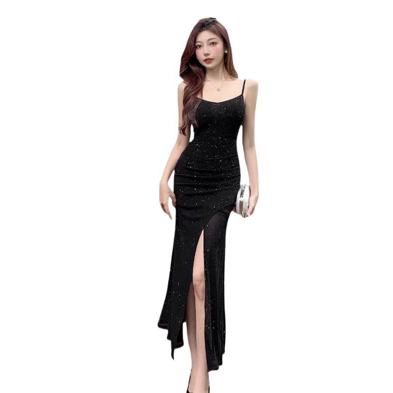 High-End Celebrity Mesh Spaghetti Strap Bodycon Dress with Slit