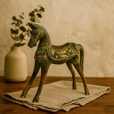Statue de Cheval en Bois Grand Or Turquoise 32 cm