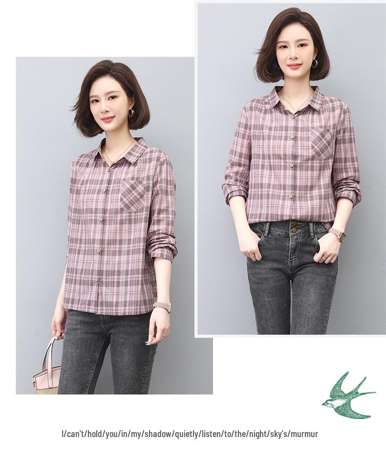 2024 Women's Summer Plaid Long-Sleeve Pure Cotton Loose Shirt - Versatile & Fashionable Top