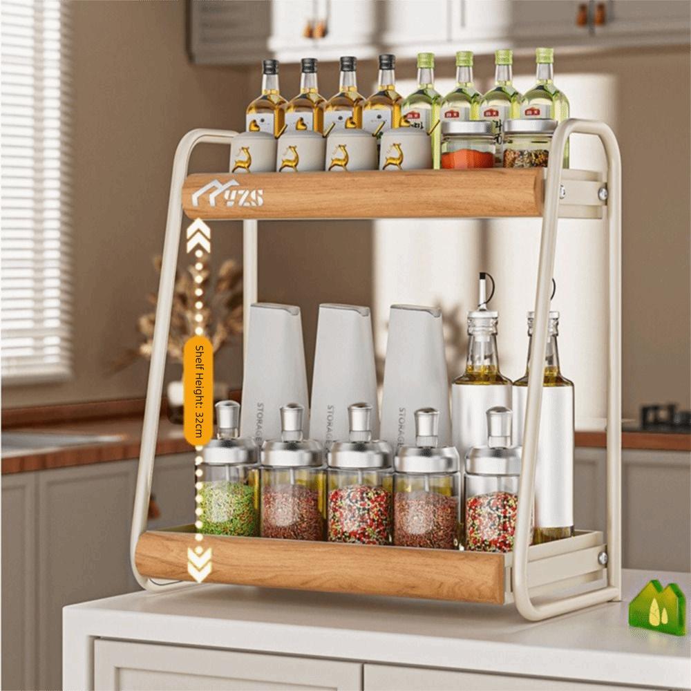 Double-Layer Seasoning Stand Tall Bottle Compatible Solid Wood Kitchen Organizer Non-Slip Sturdy Storage Holder Kitchen Storage