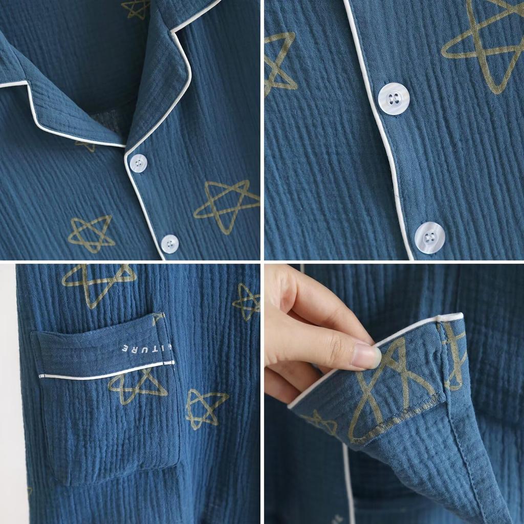 Double Gauze Long Open Simple and Loungewear and Pants Star Perfect for and Perfect as Loungewear or S-Lifeeling Men's Pajamas, 100% Cotton, Sleeves,