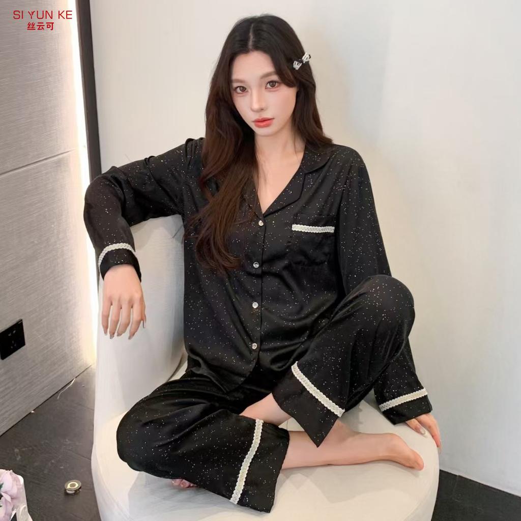 New Ice Silk Light Luxury Pajamas Women's Spring and Autumn Long-sleeved High-end Lapel Collar National Style Printed Loungewear Suit Can Be Worn