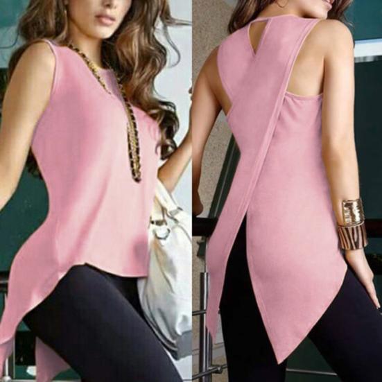 Damen Sommer Mode Einfarbig Ärmellos Unregelmäßiger Überkreuzter Rücken Weste Tanktop