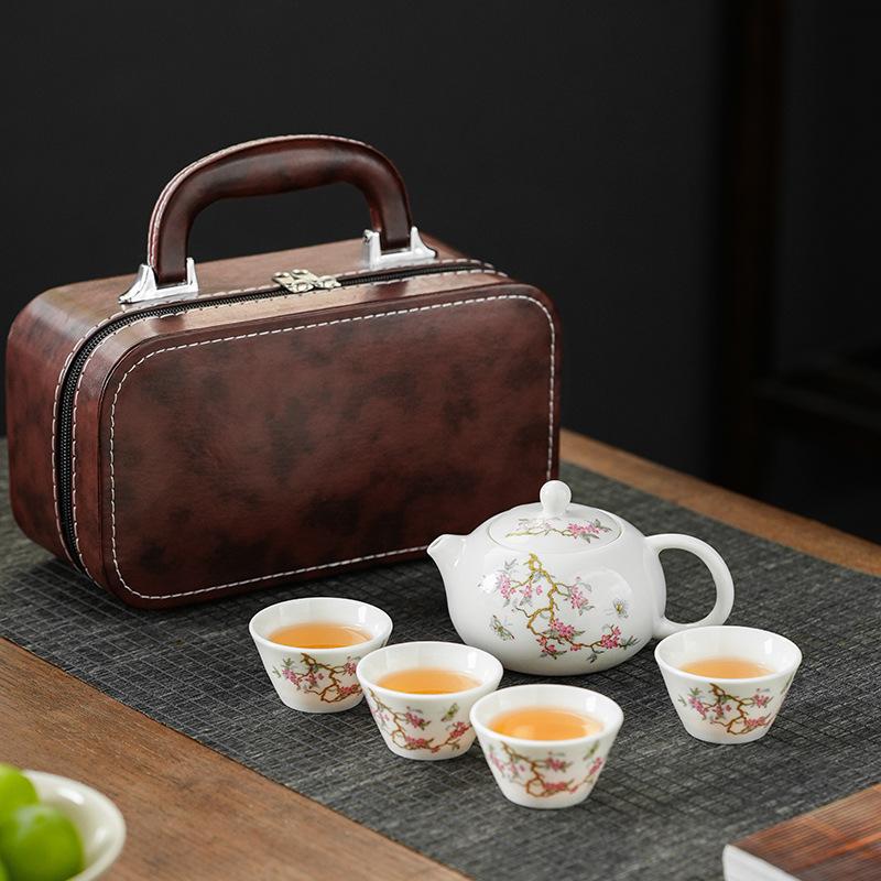 National style Wisteria flower Dehua suet jade tea set Kung Fu meeting office tea high-end leather bag can be