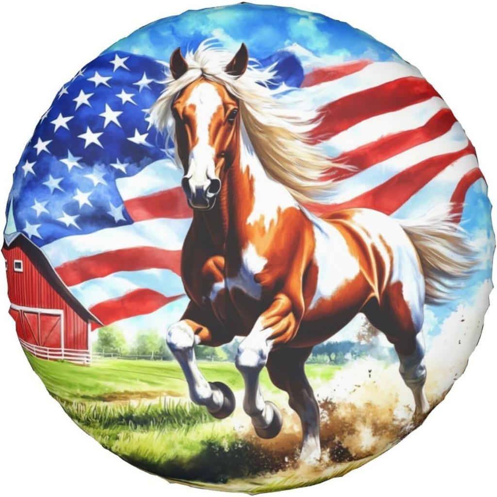 1pc Patriotic Horse & American Flag Tire Cover - Durable Polyester, Fits 14", 15", 16", 17" Tires - Ideal For RVs, SUVs, Trucks